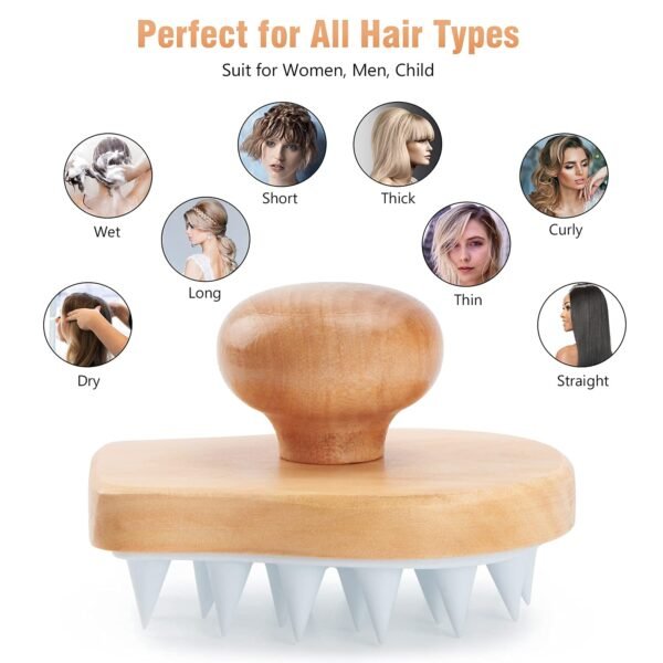 Scalp Massager Shampoo Brush, Wooden Wet and Dry Hair Scalp Care Brush, Shower Brush Scalp Scrubber Exfoliator with Soft Silicone Bristles for Dandruff Removal, Hair Growth (White) - Image 6