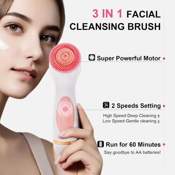 Facial Cleansing Brush,Electric Face Scrubber with 3 Brush Heads for Cleansing and Exfoliating,3 in 1 Waterproof Rechargeable Face Cleansing Brush for Dry Oily Sensitive Skin (Pink) - Image 3