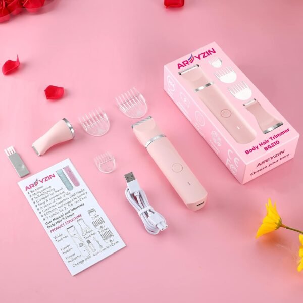 AREYZIN Bikini Trimmer for Women,Electric Razors Shaver for Bikini Legs Pubic Hair,Rechargeable Ladies Bikini Hair Trimmer Removal with Snap-in Ceramic Blades IP7X Washable Head,Wet and Dry Use,Pink - Image 8