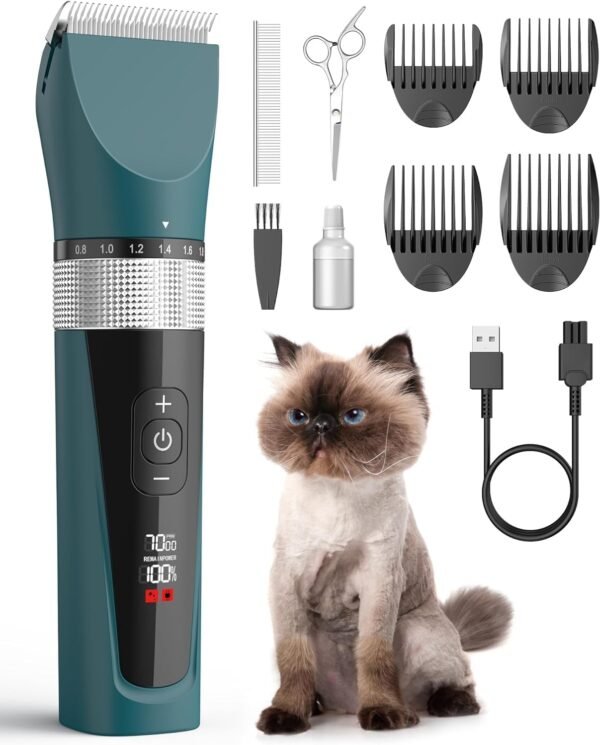 oneisall Cat Clippers for Matted Hair, 5-Speed Quiet Cat Grooming kit, Cordless Cat Shaver for Long Hair,Waterproof Cat Hair Trimmer, Pet Clippers for Cats(Green) - Image 2