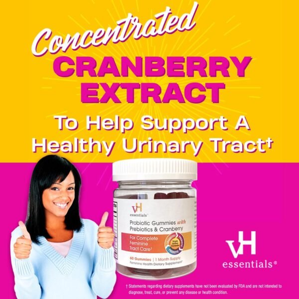 vH essentials Probiotic Gummies with Prebiotics & Cranberry, Concentrated Extract for Urinary Tract Health, Supports Vaginal Microflora Balance for a Healthy Feminine Tract, 60 Count - Image 4
