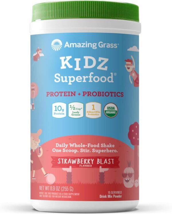 Amazing Grass Kidz Superfood: Vegan Protein & Probiotics for Kids with Beet Root Powder & 1/2 Cup of Leafy Greens, Strawberry Blast, 15 Servings - Image 2