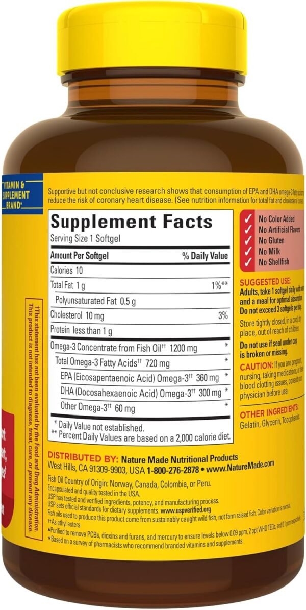 Nature Made Omega 3 Fish Oil 1200 mg, Fish Oil Supplements as Ethyl Esters, Omega 3 Fish Oil for Healthy Heart, Brain and Eyes Support, One Per Day, Omega 3 Supplement with 100 Softgels - Image 8