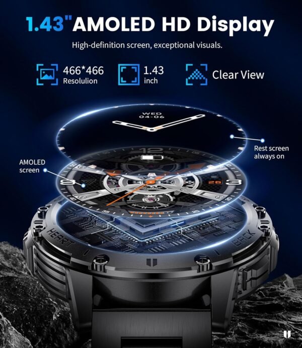 Military Smart Watches for Men(Answer/Make Calls) with LED Flashlight,530mAh Large Battery,1.43’’ AMOLED Fitness Tracker Heart Rate/SpO2/Sleep Monitor 5ATM Smartwatch for Android iOS,100+Sport Modes - Image 5