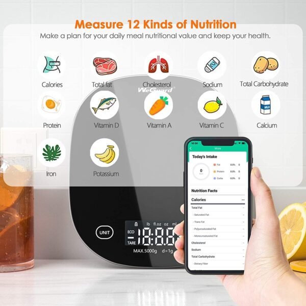 Digital Food Scale, WeGuard Kitchen Scale Weight Grams and oz with Nutritional Calculate via Smartphone APP, Food Weight Scale for Cooking, Baking, and Weight Loss, 5 Units, Tempered Glass Black - Image 5
