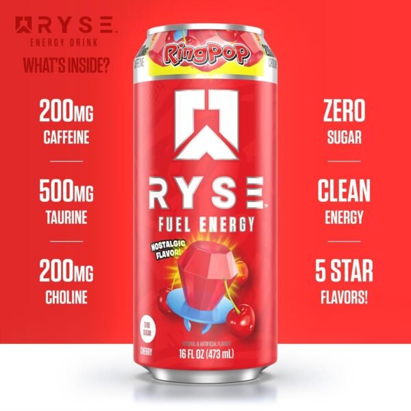 RYSE Fuel Sugar Free Energy Drink | Vegan Friendly, Gluten Free | No Fillers & No Artificial Colors | Low Calorie | 200mg Natural Caffeine | 12 Pack (Cherry Ring Pop) - Image 6