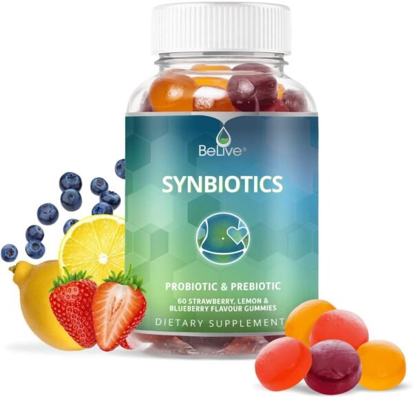 BeLive Synbiotics - Probiotic & Prebiotic Fiber Gummies – High Strength Inulin (3g), Dietary Fiber Supplement, Digestive Support for Kids & Adults - Strawberry, Lemon, Blueberry Flavor (60Ct) - Image 2