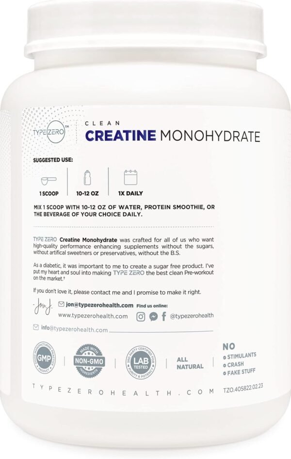 Type Zero Creatine Monohydrate (Unflavored) 1 KG, 5000mg (5g) Per Serving, Micronized, Zero Sugar, Keto Friendly & Gluten Free, 200 Servings - Image 4