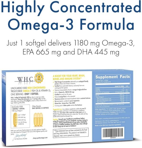 WHC, UnoCardio 1000 Fish Oil, 1300 mg of Pure Triglyceride Fish Oil with Omega-3 (1180 mg), 665 mg EPA and 445 mg DHA and 25 mcg (1000 IU) Vitamin D3 per softgel, Natural Orange, 60 softgels - Image 3