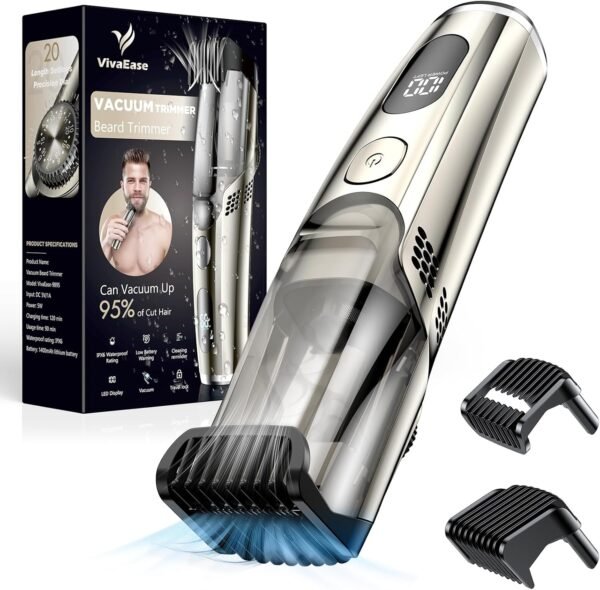 Vacuum Beard Trimmer for Men, Upgrade Adjustable Length with 2 Comb, Electric Vacuum Trimmer for Beard, Mustache and Stubble, Waterproof and Rinses Easy, High Precision Blades for Skin fit - Image 2