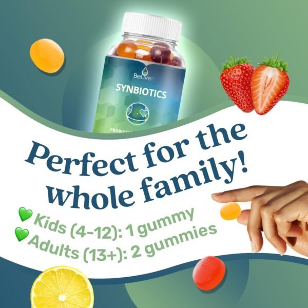 BeLive Synbiotics - Probiotic & Prebiotic Fiber Gummies – High Strength Inulin (3g), Dietary Fiber Supplement, Digestive Support for Kids & Adults - Strawberry, Lemon, Blueberry Flavor (60Ct) - Image 4