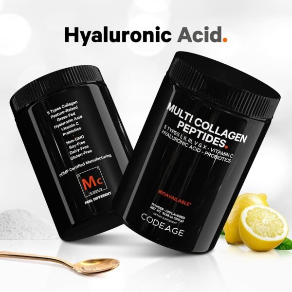 Codeage Multi Collagen Peptides Powder + Probiotics Black Edition, Vitamin C, Hyaluronic Acid Powder Supplement, Grass-Fed, Hydrolyzed, Zero Carbs, Type I, II, III, V & X, Unflavored, 10.58oz - Image 7