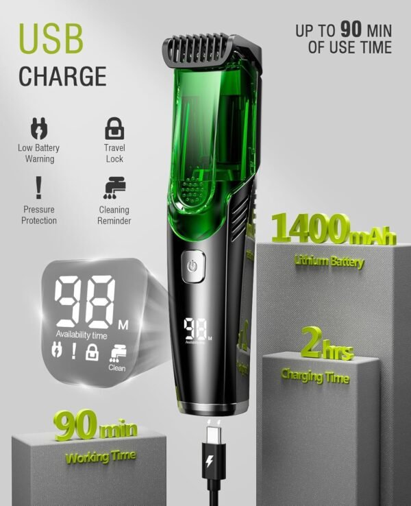 Vacuum Beard Trimmer for Men, Rechargeable Mustache Trimmer with Adjustable Length Comb (1-20MM), IPX6 Waterproof Built-in Electric Beard Trimmer for Beard, Mustache and Stubble - Image 3
