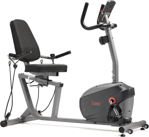 Sunny Health & Fitness Smart Indoor Recumbent Bike Trainer, Home Full Body Workout & Cardio Cycling Machine for Seniors, Free SunnyFit Bluetooth Connect, Optional Arm Exerciser Hand Cycle & Bands - Image 3
