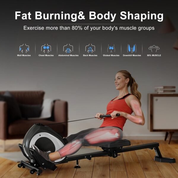 Magnetic Rowing Machine for Home Adjustable 8-Speed Booster Burn Fat & Sculpt Muscles Supports Up to 265 LBS Phone/Tablet-Ready Design - Image 4