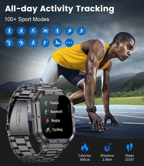 LIGE Military Smart Watches for Men with (Answer/Make Calls),400mAh Large Battery,1.96’’ DH,5ATM Waterproof Smartwatch,120+Sport Modes Heart Rate/Sleep Monitor for Android iOS Black - Image 8