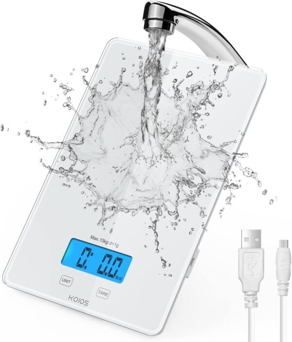KOIOS USB Rechargeable Food Scale, 33lb/15Kg Kitchen Scale Digital Weight Grams and oz for Cooking Baking, 1g/0.1oz Precise Graduation, Waterproof Tempered Glass, 6 Weight Units, Tare Function - Image 2