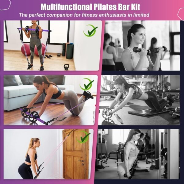 Pilates Bar Kit with Resistance Bands, Multifunctinal Exercise Bar with Ab Roller for Pilates/Abs/Weight Loss, Portable Home Gym Pilates bar kit for Full Body Training Women - Image 5