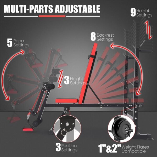Aceshin 6 in 1 Adjustable Weight Bench with Squat Rack and Removable Foot Bracket, 600lbs Bench Press Set Workout Bench with Weight Storage Sit up Incline Flat Decline Strength Training for Home Gym - Image 3