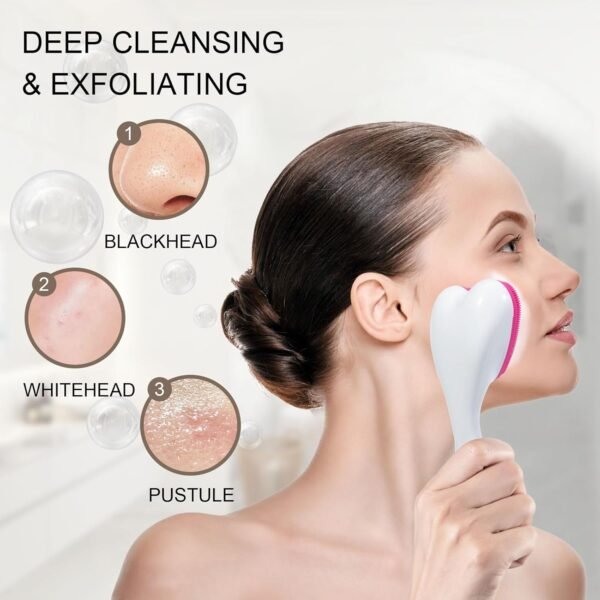 Silicone Face Scrubber Exfoliating Brush 2 Pack, Manual Handheld Facial Cleansing Brush Blackhead Scrubber, Soft Bristles Waterproof for Face Skincare (Black Hot-Pink,Heart) - Image 6