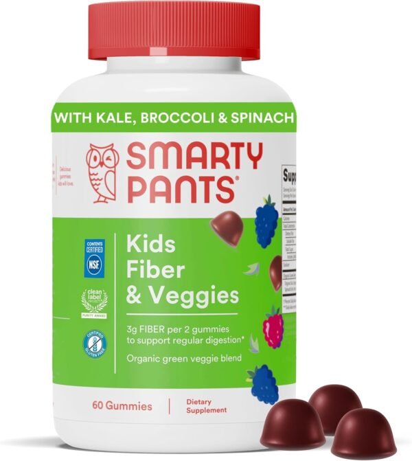 SmartyPants Kids Fiber & Veggies: Prebiotic Fiber Supplement Gummies for Kids with Inulin, Organic Green Veggie Blend, Vegan, Gluten Free, Mixed Berry Flavor, 60 Count (30 Day Supply) - Image 2