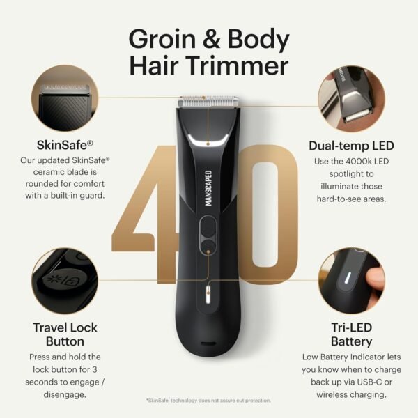 MANSCAPED® The Lawn Mower® 4.0 PRO - Groin & Body Hair Trimmer, Updated SkinSafe™ Trimmer Blade, Waterproof Wet/Dry Groomer, USB-C & Wireless Charging Compatible, Men’s Ball Shaver with Travel Lock - Image 3