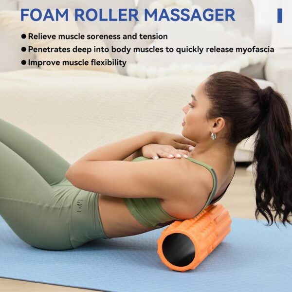 5 in 1 Foam Roller Set - Massage Roller Back Roller Foam, Muscle Roller Stick, Massage Ball, Resistance Band for Physical Therapy & Deep Tissue Muscle Massage (Orange) - Image 3