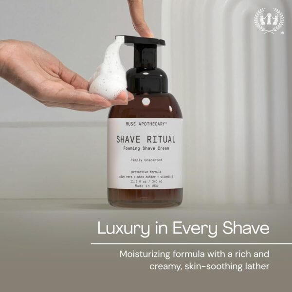 Muse Apothecary Foaming Shave Ritual - Natural Shaving Cream Sensitive Skin - Womens Shaving Cream Mens Shave Cream - Protective Formula Aloe Vera + Shea Butter + Vitamin E - Simply Unscented, 11.5oz - Image 4