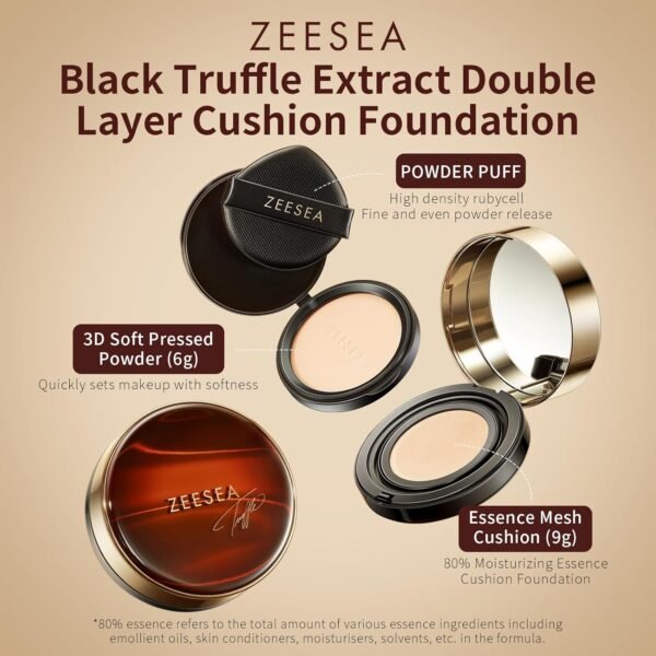zeesea 2 in 1 Black Truffle Cushion Foundation,Makeup Double Layer Cushion BB Cream &Setting Powder for Oil Control,Tinted Moisturizer,Long-lasting, Natural, 0.32 + 0.18oz (9g + 6g) - Image 3