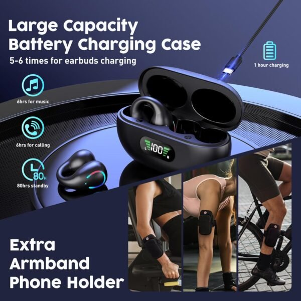 Ear Buds Wireless Bluetooth Earbuds 5.3,Ultra Open Ear Earbuds,Clip on Headphones,Waterproof Sports Earphones Built-in Mic with Charging Case+Extra Armband Phone Holder,Aware of Surroundings - Image 3