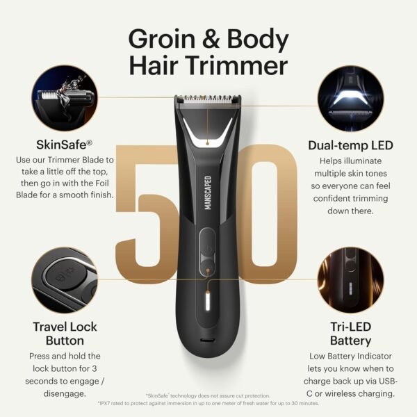 MANSCAPED® The Lawn Mower® 5.0 Ultra Groin & Body Hair Trimmer – Dual-Head SkinSafe® Trimmer & Foil Blades, Waterproof Wet/Dry Groomer, USB-C Rechargeable with Travel Case, Men’s Ball Shaver, Black - Image 3