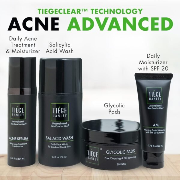 Tiege Hanley Men's Acne Treatment System (Level 2), The TiegeClear Acne Advanced Routine for Smooth Skin - Includes Sal Acid Wash, Glycolic Acid Pads, and Acne Serum - All Skin Types - Image 3