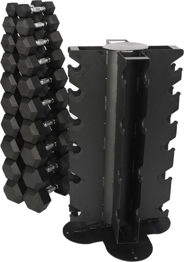 Signature Fitness 550LB Rubber Coated Hex Dumbbell Weight Set with Vertical and Spinnable Storage Rack, 5-50 lbs Pairs, Multiple Package - Image 3