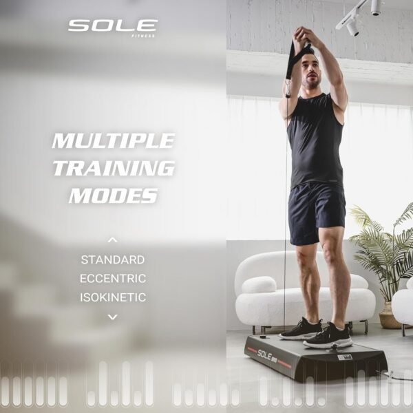 SOLE SRVO Weight Trainer, Resistance Bands and Pushup Stand, Strength Exercise Equipment for Daily at Home Gym Training - Includes 2 Wheels, Motorized Resistance System, Handles, Ropes, a Bar and Mat - Image 3