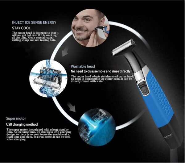 KEMEI Electric Razor, Beard Trimmer Men, Waterproof Beard Grooming,Cordless USB Rechargeable Body Groomer and Hair Remover for Eyebrow, Beard Facial& Body Hair for Men and Women,Blue - Image 8