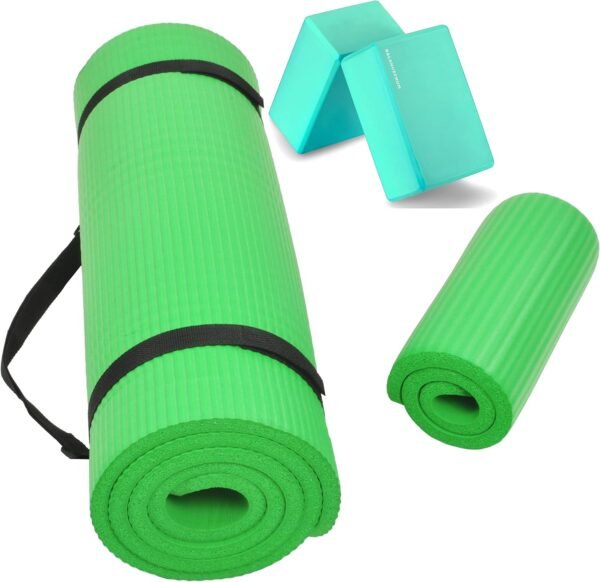 All Purpose 1/2-Inch Extra Thick High Density Anti-Tear Exercise Yoga Mat and Knee Pad with Carrying Strap and Optional Yoga Blocks, Multiple - Image 2