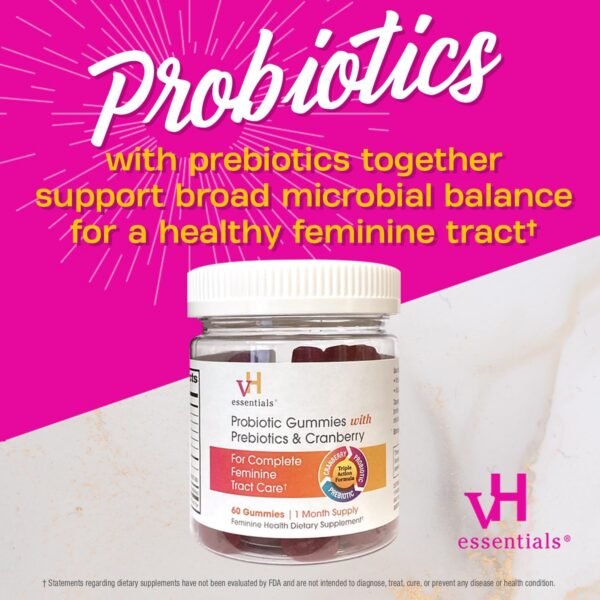 vH essentials Probiotic Gummies with Prebiotics & Cranberry, Concentrated Extract for Urinary Tract Health, Supports Vaginal Microflora Balance for a Healthy Feminine Tract, 60 Count - Image 7