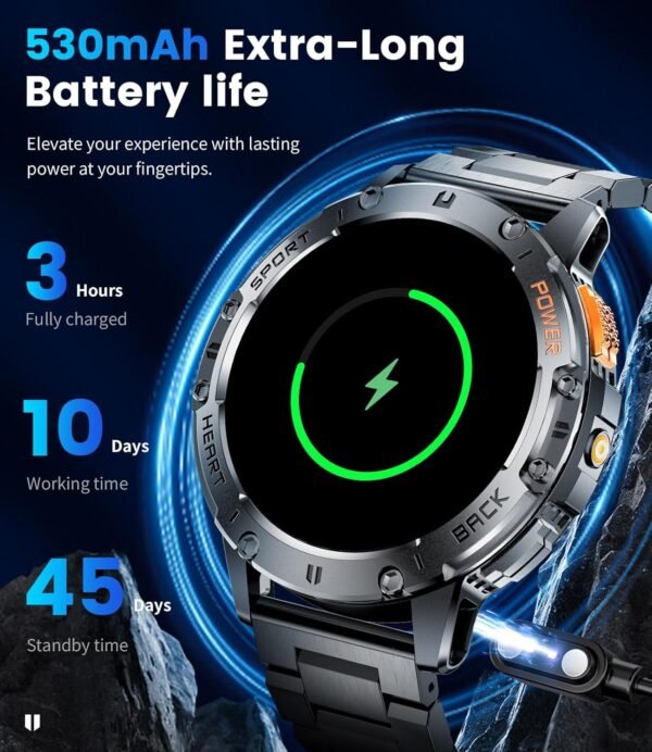 Military Smart Watches for Men(Answer/Make Calls) with LED Flashlight,530mAh Large Battery,1.43’’ AMOLED Fitness Tracker Heart Rate/SpO2/Sleep Monitor 5ATM Smartwatch for Android iOS,100+Sport Modes - Image 6