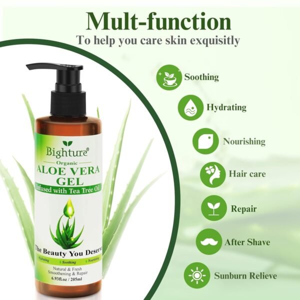 Organic Aloe Vera Gel with Tea Tree Oil for Face & Body, Freshly-cut Aloe Vera Gel Ideal for Skin, Scalp, & Hair Hydration, Calming Moisturizer for Soothing After Sun Care Relief, 6.93 oz - Image 4