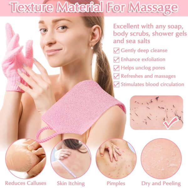 Anezus Exfoliating Shower Bath Gloves Back Scrubber Set for Body, Face, Shower, Bath, Scrub and Exfoliator (Pink) - Image 7