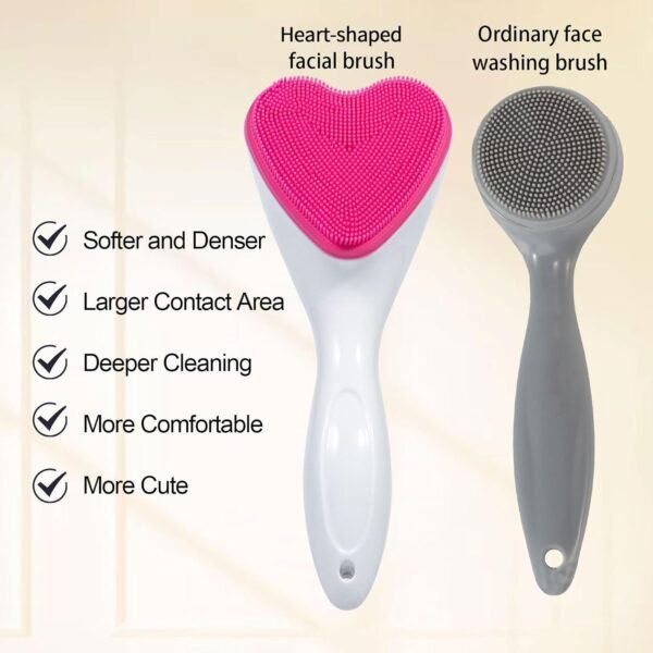 Silicone Face Scrubber Exfoliating Brush 2 Pack, Manual Handheld Facial Cleansing Brush Blackhead Scrubber, Soft Bristles Waterproof for Face Skincare (Black Hot-Pink,Heart) - Image 5