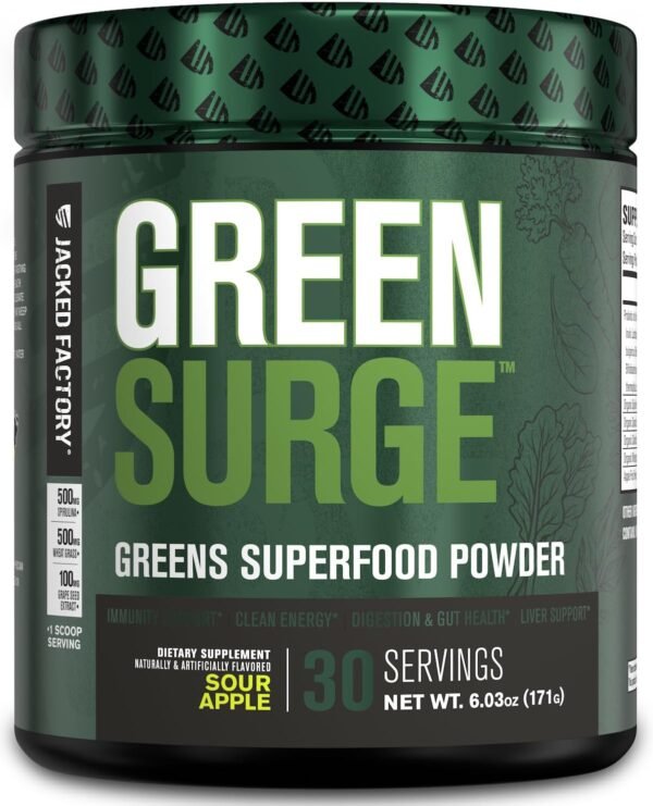 Jacked Factory Green Surge Green Superfood Powder- Keto Friendly Greens Drink w/Spirulina, Wheat & Barley Grass, Organic Greens - Green Tea Extract, Probiotics & Digestive Enzymes - Sour Apple - 30sv - Image 2