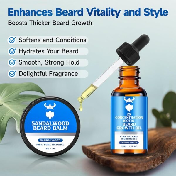 Beard Growth Oil & Beard Balm - Beard Growth Kit with 2X Concentration Biotin for Men, Natural Ingredients with Argan Oil, Jojoba Oil and Vitamin (Sandalwood) - Image 6