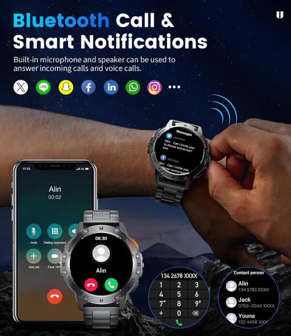 Military Smart Watches for Men(Answer/Make Calls) with LED Flashlight,530mAh Large Battery,1.43’’ AMOLED Fitness Tracker Heart Rate/SpO2/Sleep Monitor 5ATM Smartwatch for Android iOS,100+Sport Modes - Image 3