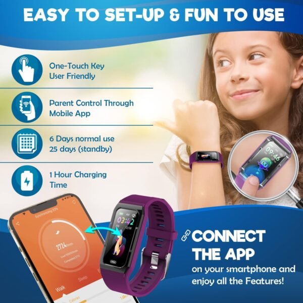 Inspiratek Kids Fitness Tracker for Girls and Boys (Age 5-16) - Waterproof Fitness Watch for Kids with Heart Rate Monitor, Sleep Monitor, Calorie Counter and More- Kids Activity Tracker (Purple) - Image 5