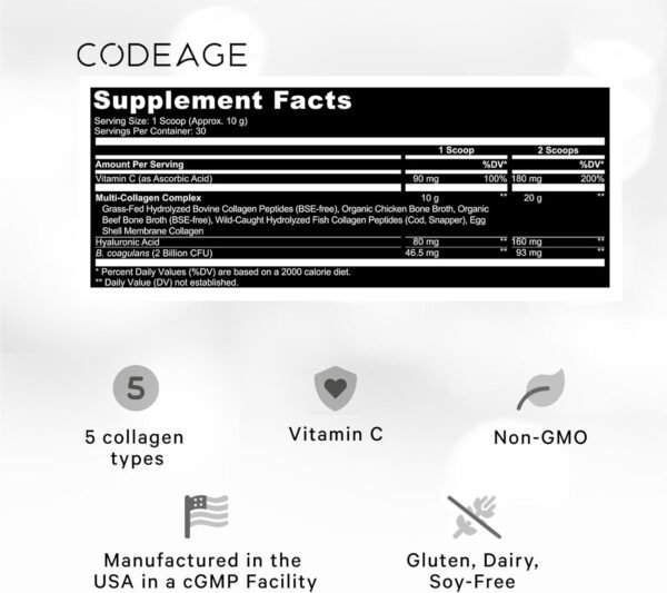 Codeage Multi Collagen Peptides Powder + Probiotics Black Edition, Vitamin C, Hyaluronic Acid Powder Supplement, Grass-Fed, Hydrolyzed, Zero Carbs, Type I, II, III, V & X, Unflavored, 10.58oz - Image 3