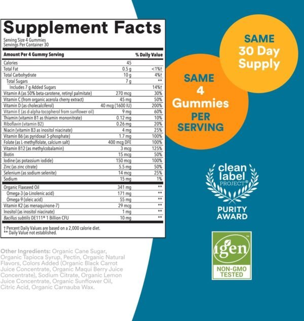 SmartyPants Multivitamin for Men, Organic Gummies: Probiotics, CoQ10, Methylfolate, Omega 3 (ALA), Vitamin D3, C, Vitamin B12, B6, A, K & Zinc for Immune Support, Biotin, 120 Gummies (30 Day Supply) - Image 4