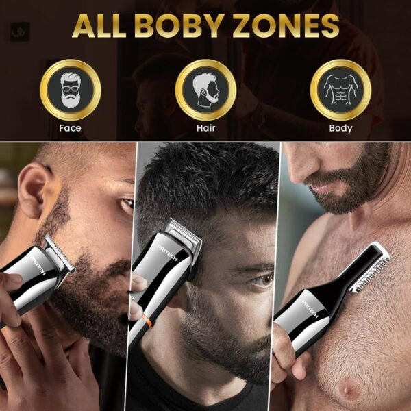PRITECH Beard Trimmer for Men, 6 in 1 Beard Trimmer Kit, Electric Beard Trimmer with Hair, Precision, Body, Nose, Foil Razor, Grooming Kit Waterproof IPX6 (Silver) - Image 3