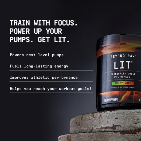 BEYOND RAW LIT PreWorkout Powder Supplement for Men and Women, Energy, Focus, Endurance, Pumps, Nitric Oxide Boost, 250mg Caffeine, Creatine, Beta Alanine, Gummy Worm, 30 Servings - Image 4