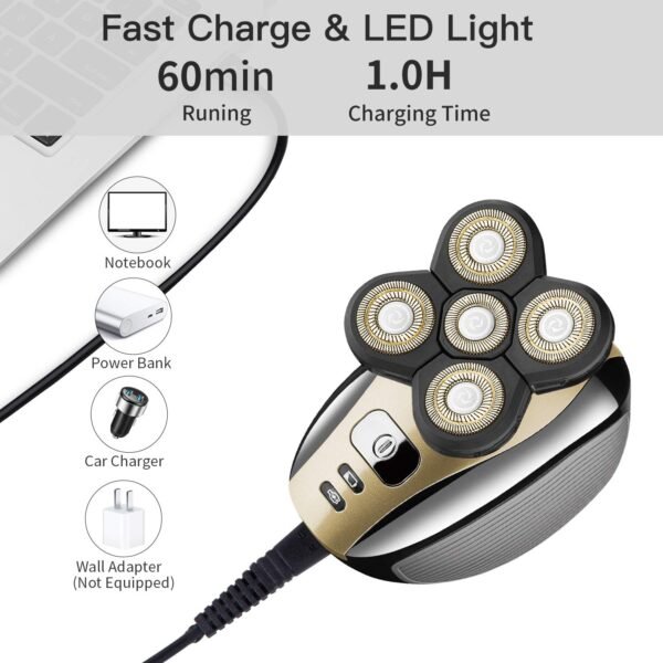 Electric Razor for Men Head Shaver for Bald Men Grooming Kit 5 in 1 Wet Dry Rotary Shavers Nose Hair Beard Trimmer Clippers Facial Cleansing Brush Cordless Waterproof USB Charging Rechargeable - Image 7